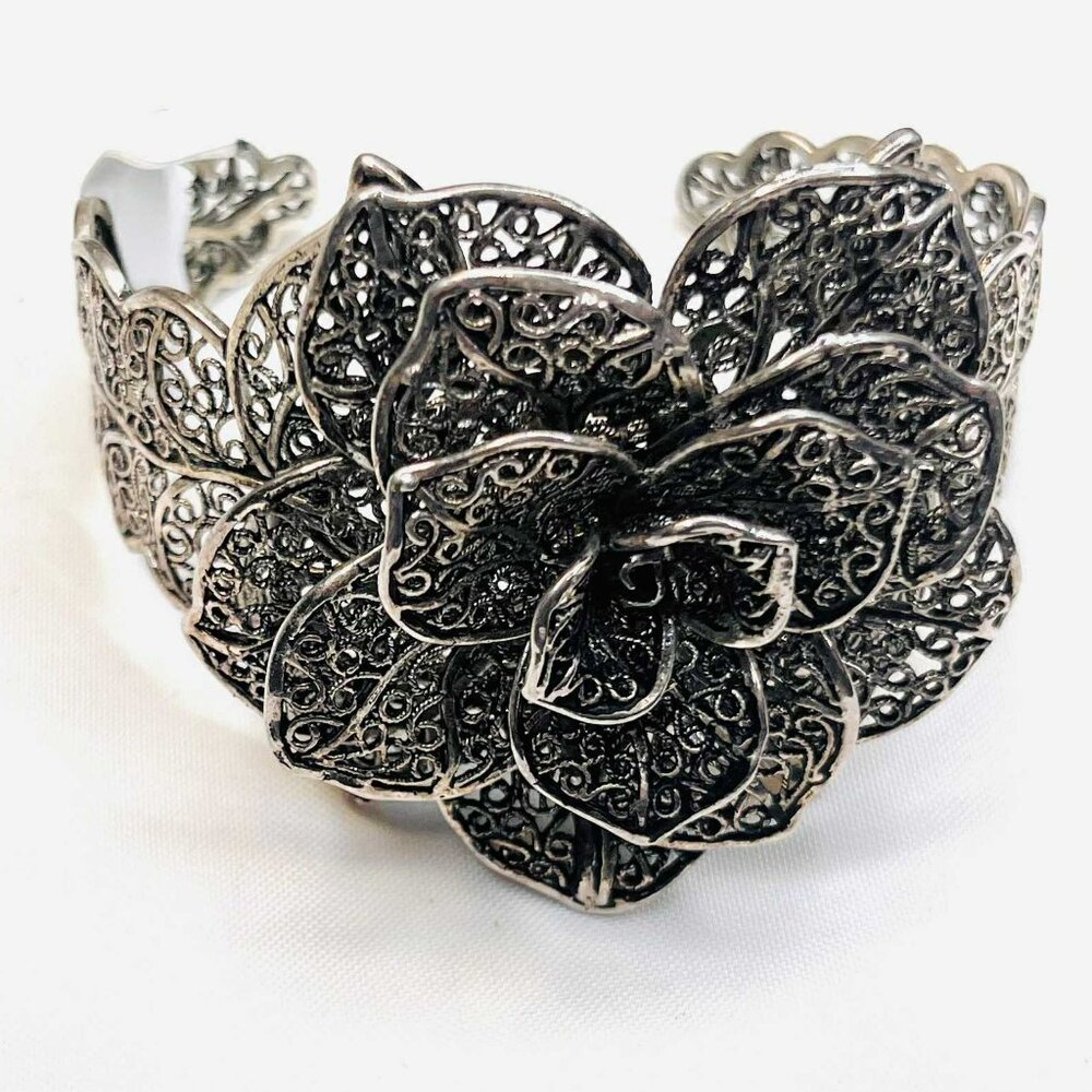 Vintage Melchior Floral Filigree Cuff Bracelet 1980s, Handmade Look